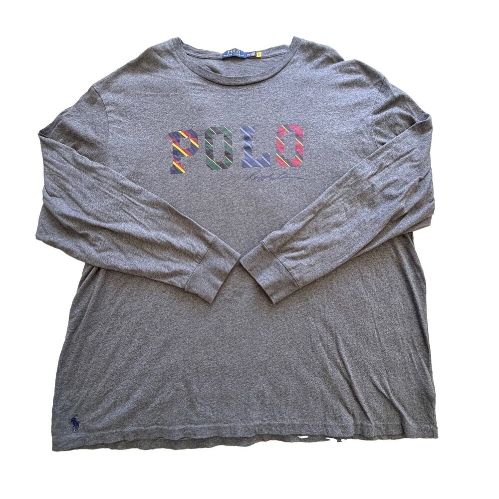 Polo Ralph Lauren Mens Grey Heather Striped Logo Graphic Long Sleeve T-Shirt 2XB